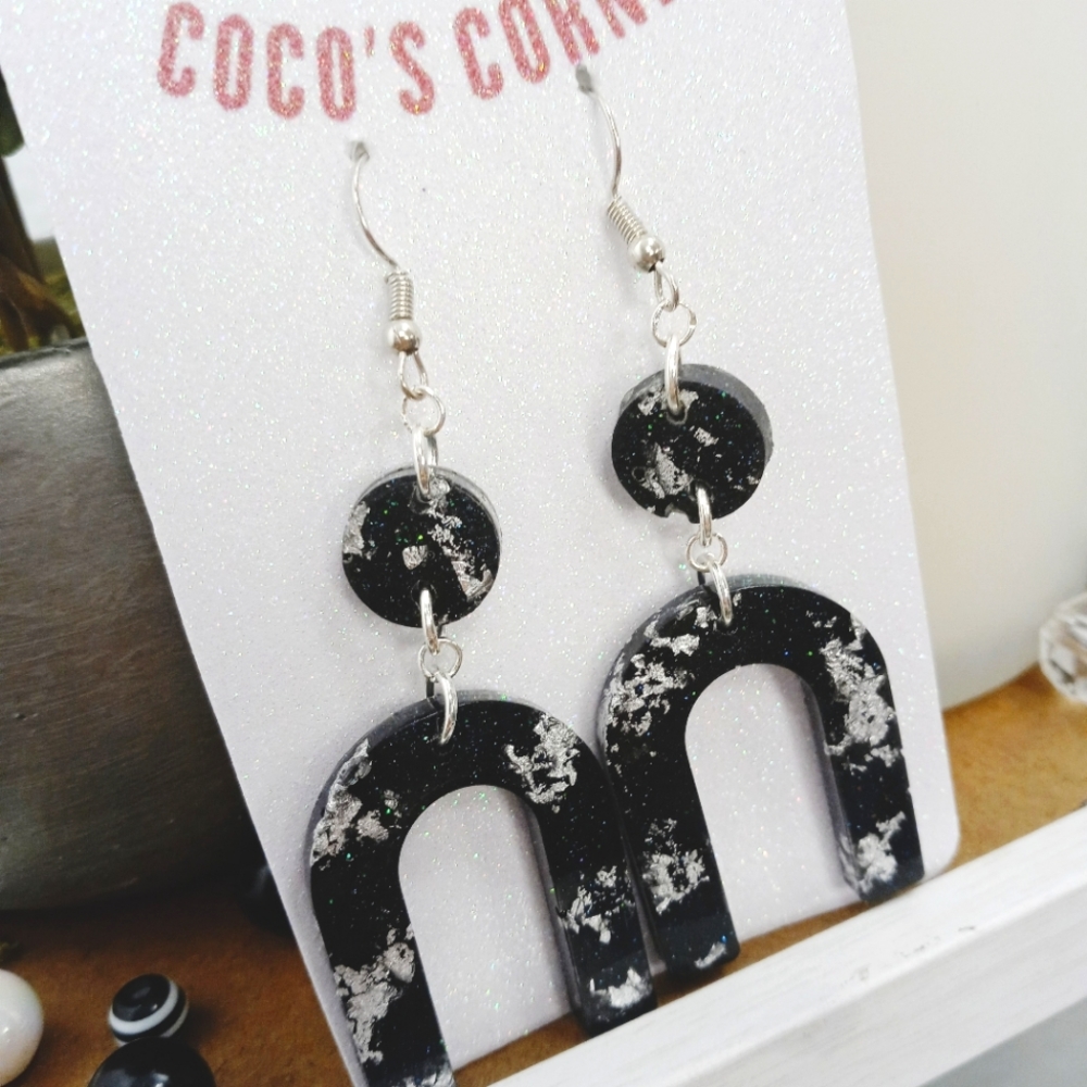 Black and silver handcrafted resin dangle earrings